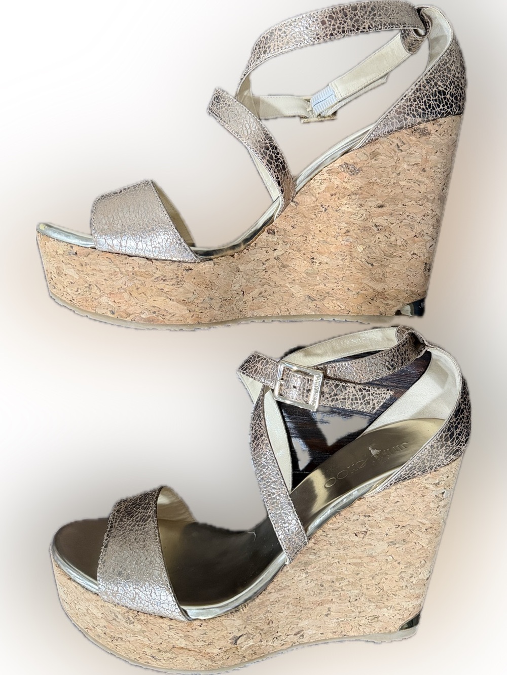 Jimmy Choo Portia 120 Metallic Gold Cork Wedge Sandals